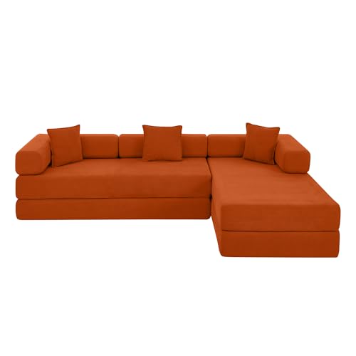 Image of HANXIN 108 inch Modular Sectional Sofa,Futon Convertible Sofa Bed,Oversized Corduroy Boneless Couch for Living Room,Floor Loveseat Sleeper with Pull Out Bed,Free Combination,No Assembly Required (Orange)