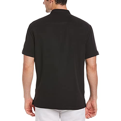 Cubavera Men's Short Sleeve Cuban Camp Shirt With Contrast Insert Panels, Jet Black With Variating Tuck Pattern, Large #TOP1