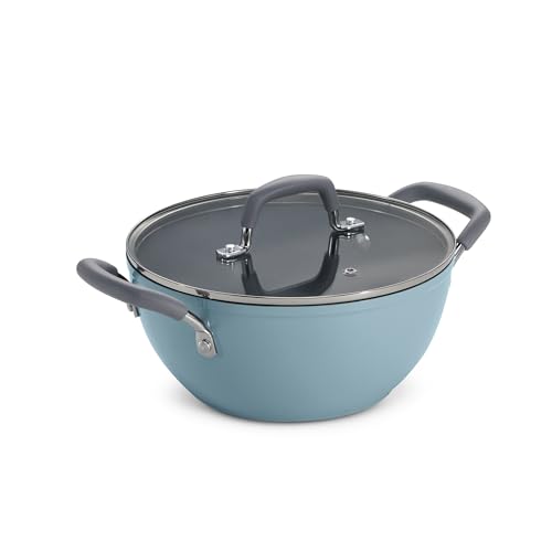 Image of TRAMONTINA Velo 22cm / 2.9L Forged with Ceramic Reinforced Interior Kadai | Tempered GlassLid | Kadhai for Curry, Deep-Fry, Stir-Fry | Silicone Grip Handles | Gas /Induction | Sea Blue
