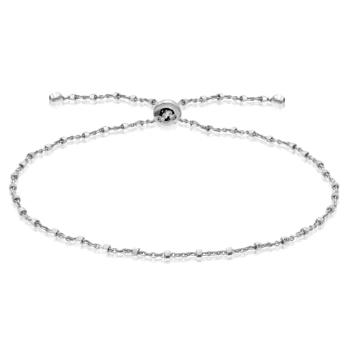 SEA OF ICE Sterling Silver 1mm Diamond-Cut Alternate Bead Rolo Chain Adjustable Bracelet for Women