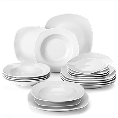 MALACASA Dinnerware Sets, 18-Piece Porcelain Square Dishes, Gray White Modern Dish Set for 6 - Plates and Bowls Sets, Ideal for Dessert, Salad, and Pasta - Series ELISA