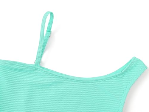 Image of Dvenki Big Girls Asymmetric Cutout Swimsuit Adjustable Straps Sizes 6X-16 | color block, leopard, tropical prints, front lined swimwear, removable pads, suitable for beach, vacation, pool play