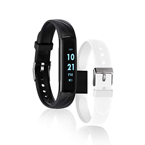 iTouch Slim Fitness Tracker with Heart Rate Monitor, Step Tracker, Calorie Tracker & Sleep Tracker. Waterproof Fitness Watch for Women & Men, Android & iOS, Black/White Interchangeable Straps