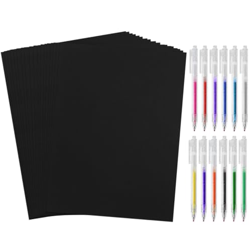 HWSWSH 50 Hojas Cartulina Negra A4 250g/m² + 12 Bolígrafos Purpurina - Papel Fuerte y Resistente para Manualidades para Recortar Dibujo (Acuarelas, Tintas Blancas, Rotulador) Tarjetas de Visita