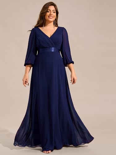 Ever-Pretty Plus Women's V Neck 3/4 Sleeves A Line Chiffon Pleated Plus Size Evening Gowns Floor Length Formal Dresses4