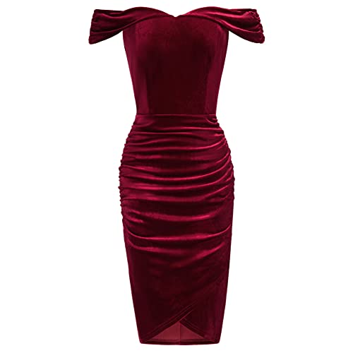Belle Poque BP0599A22 Robe vintage en velours froncé avec épaules dénudées, bordeaux, XXL Cover