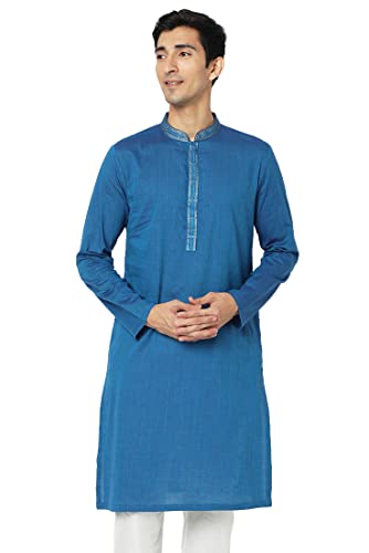 In-Sattva Men's Indian Embroidered Banded Collar Artistic Long Kurta Tunic