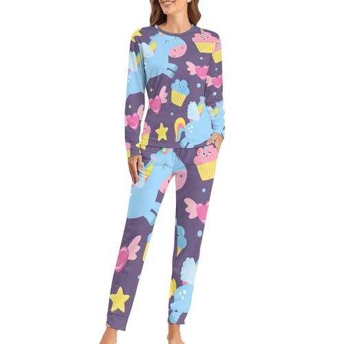 Pyjama femme licorne bleue contre le froid nocturne en coton doux