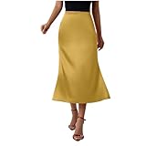 Women's Long Satin Skirt Silk Dressy Glossy Elegant Hidden Elastic High Waist Flared A-Line Maxi Skirts Club Party Yellow