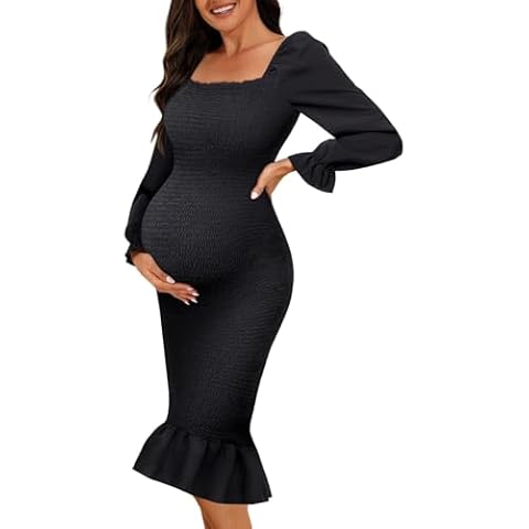 Maternity Floral Midi Bodycon Dress with Puff Sleeves Cover