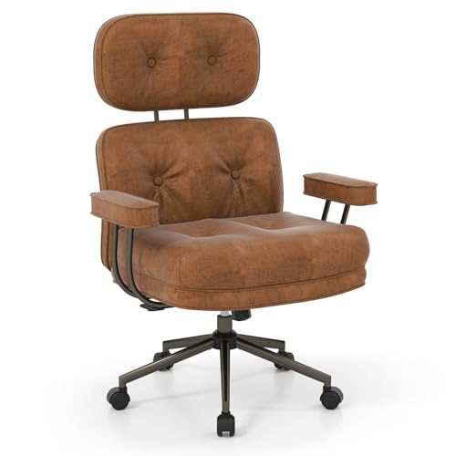 Giantex Ergonomic Home Office Chair, Mid Century Modern Suede Fabric Computer Desk Chair w/Wide Tufted Seat, Adjustable High Back, Upholstered Executive Chair, Rolling Swivel Task Chair (Brown)