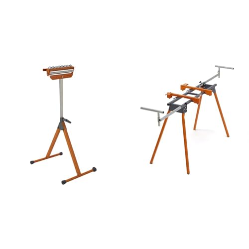 BORA Portamate PM-5093 11.25' Polished Steel Roller & PM-4000 Folding Miter Saw Stand with Quick Attach Tool Mounting Bars Orange
