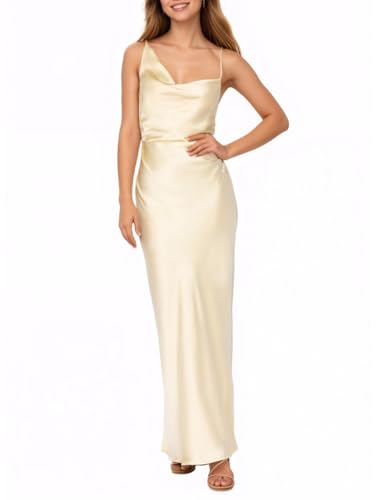 Summer Satin Maxi Dresses for Women 2025 Cowl Neck Ruched Silk Formal Wedding Guest Bridesmaid Slip Dress with Slit Yellow