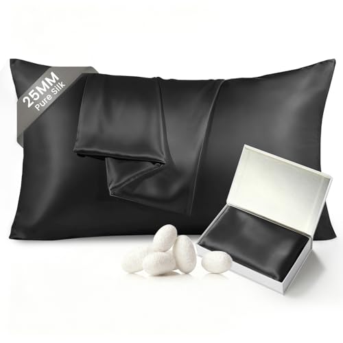 Image of THXSILK 100% Pure Mulberry Silk Pillowcase for Hair and Skin, 25 Momme Mulberry Silk Dual Sides, Silk Bed Pillow Case with Hidden Zipper, 1pc, Standard Size(20 inchx26 inch), Black