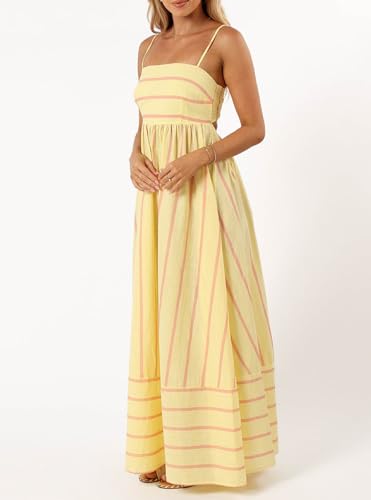 Image of Women Striped Maxi Dress Smocked Backless Spaghetti Strap Long Flowy Dress Sleeveless Boho Aline Sundress