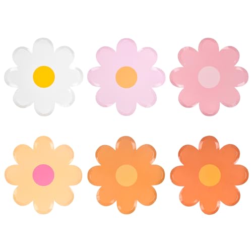 Image of 24Pcs Groovy Daisy Paper Plates Floral Shaped Scalloped Dinner Plates | 9inch,6 Colors,Disposable Retro Boho Flowers Disposable Plates for 70s Birthday Baby Shower Party Supplies