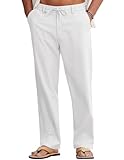 COOFANDY Men's Summer Pants Loose Fit Cotton Linen Beach Pants Casual Drawstring Beach Pants for Men White