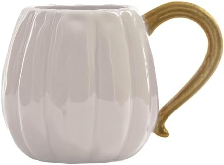 Mary Square Fall Harvest 12 Ounce Glossy Ceramic Coffee Cup Mug With Stem Handle, Classic White, Gold Tone, Pumpkin Design image 2
