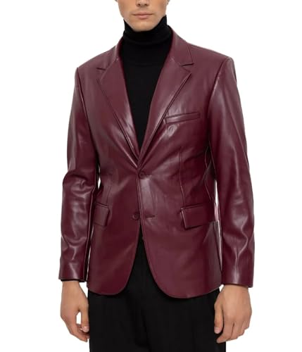 Leather Blazer for Men Real Lambskin Classic 2 Buttons Mens Casual Leather Sport Coat Jacket (3X-Large,Maroon)