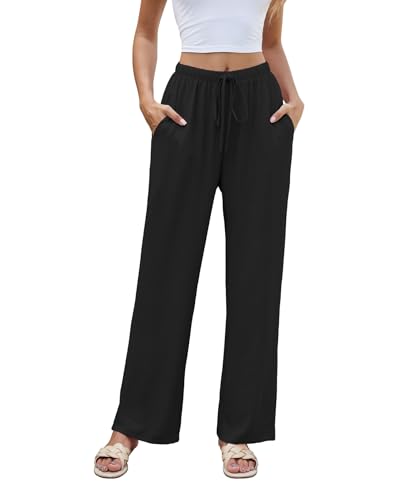 Women High Waist Casual Pants Elastic Wide Leg Summer Beach Palazzo Trousers with Pockets Lightweight Comfy