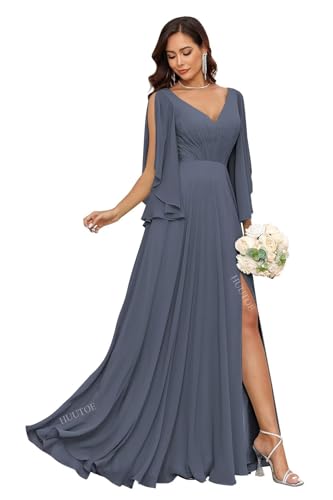 Image of HUUTOE Elegant Long Stormy Blue Bridesmaid Dresses Plus Size with Slit Ruffle Sleeve V Neck Chiffon Summer Maxi Dress for Women 2026 3XL US22W