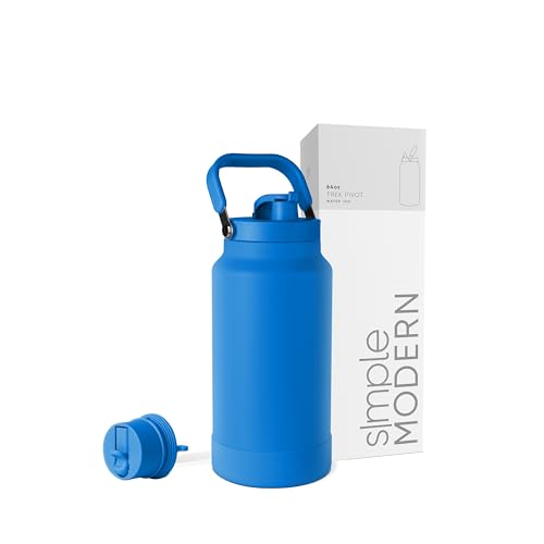 Image of Simple Modern Water Bottle Jug | Straw & Chug Lid | 64oz, Blue | Trek Pivot Half Gallon Insulated Stainless Steel Water Jug with Handle | Interchangeable Lid, Boot | Supersonic Blue