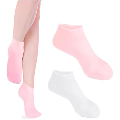 Zxfuture 2 Pairs Silicone Socks for Women, Soft Gel Socks, Aloe Socks, Moisturizing Foot Socks, Women's Spa Pedicure Socks for Repairing Dry Feet, Cracked Heels and Softening Rough Skin- Pink & White Cover