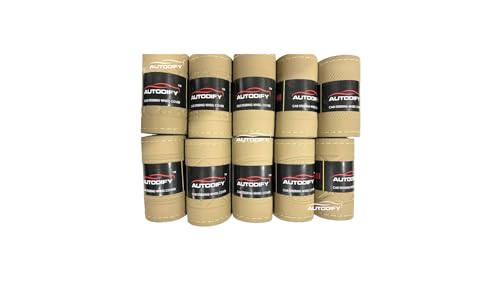 Image of Beige Leather Steering Wheel Cover Universal Fit, Anti-Slip, Breathable, Comfortable Grip, Durable & Stylish for Cars Easy Install, Long-Lasting Protection,Non-SlipDesign.