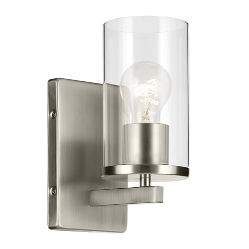 Image of Kichler Crosby 4.5 inch 1-Light Wall Sconce Bathroom Light Fixture with Clear Glass in Brushed Nickel for Bathroom, Powder Room, Hallway, Kitchen, Bedroom (4.5 inch x 9.25 inch), 45495NICLR