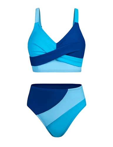 Image of Girls Swimsuits Bikini Set Color Block Criss Cross V Neck Teen Girl Swimsuit Two Piece Cut Bathing Suit