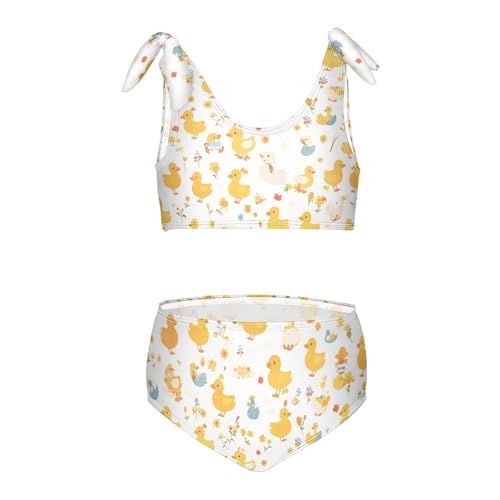 Cartoon Cute Yellow Animal Duck Girls 2 Piece Kids Bikini Set Scoop Neck Bathing Suit Swimming Suits Adjustable Strap