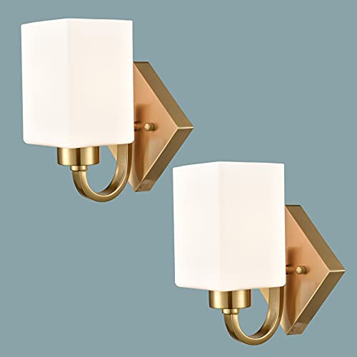 Shawnkey Brass Wall Sconce Vintage Wall Light Fixtures Brass Sconce Set Of 2 With Milky White Glass #TOP4