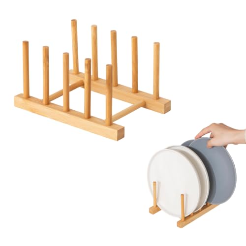 Image of CURATED CART Wooden Plate Organiser for Kitchen | Plate Stand Rack for Decor | Cabinet Plate Holder | 4 Adjustable Slots for Plates, Cup, Bowl & Dish Storage | Bamboo Wood (11x21cm)