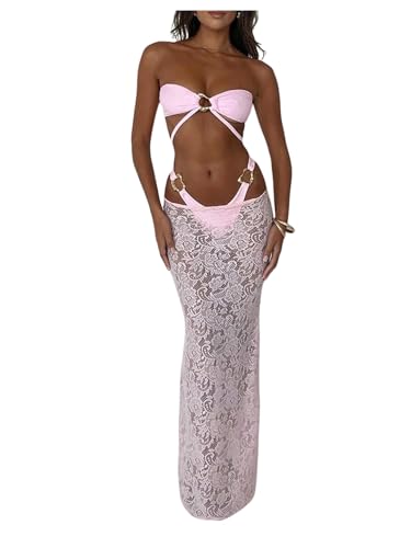 Bikini bandeau 3 pièces rose pour bronzer sans traces grâce au haut sans bretelles