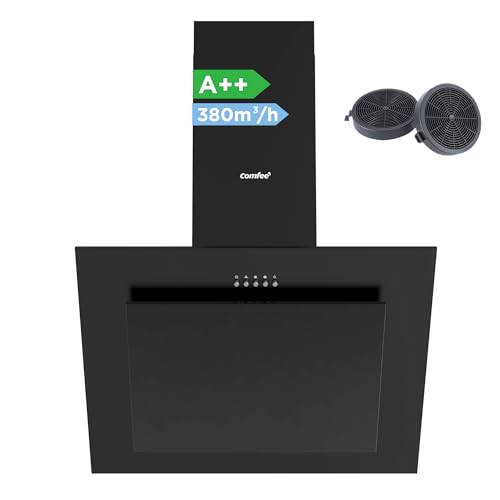 COMFEE' CH60J78EM4A2B Dunstabzugshaube 60cm A++, Kopffreihaube 60 cm Umluft & Abluft, 380m³/h Luftstrom, LED, Abzugshaube mit Aktivkohlefilter, Schwarz
