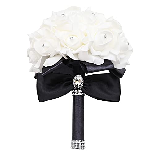 Yoanshop Wedding Bouquets for Brides or Bridesmaids Crystal Silk Roses Bridal Bridesmaid Wedding Hand Bouquet Artificial Fake Flowers (Black)