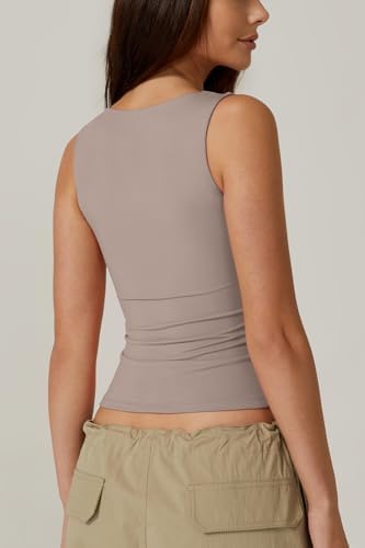 QINSEN Women's Square Neck Sleeveless Double-Layer Tank Tops Basic Tight T Shirts