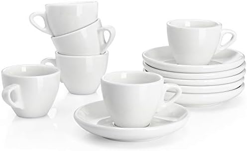 Sweese 401.001 Porcelain Espresso Cups with Saucers - 2 Ounce - Set of 6, White