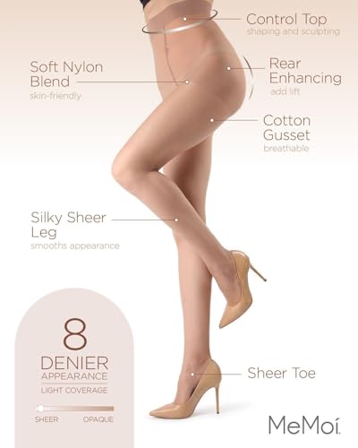 MeMoi Control Top Pantyhose for Women, Breathable Sheer Tights, Comfortable Control Top Sheer Stockings - Sizes Small to Q23