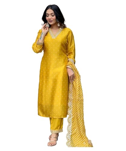 Womens Kurta Set Silk Blend Stright Jacquard Khatali Work Kurta and Pant with Dupatta Set