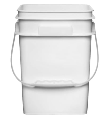 Image of House Naturals 4 Gallon Square Food Grade Bucket Pail with Plastic Handles and Lid (Pack of 3) Made in USA containers (White - Black lids)