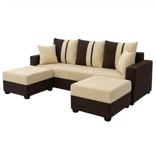 Image of Zenix 5 Seater L Shape Sofa Set with 2 Movable Ottomans | Flexible Layout | Rich Velvet Suede Fabric | Silver Legs | Spacious Seating | Modern Sofa for Living Room (Dark Brown-Cream)