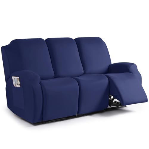 Image of TAOCOCO Recliner Sofa Slipcover, 3 Pieces Polyester Fabric Stretch Sofa Covers for 3 Seat Reclining Couch, Soft Washable Furniture Protector with Pockets (3 Seat, Dark Blue)
