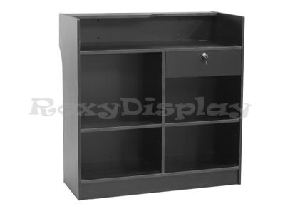 4' Glass Display Cabinet with Sliding Door, Adjustable Shelves, Ships Unassembled - Anodized Aluminum Extrusions With Black Melamine Panels