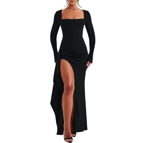 AOWVUTS Damen Lange Kleider Sexy Quadratischer Ausschnitt Langarm Maxikleid mit Schlitz Festliche Elegant Bodycon Hochzeit Abendkleider Mode Formelle...