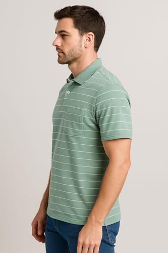 Image of WILD ELEPHANT Men Striped Polo T-Shirt | Cotton Short Sleeve Polo Neck with Button | Chest Pocket Casual Wear
