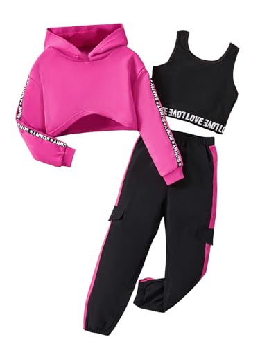 MakeMeChic Girl's Letter 3 Piece Cute Outfits Workout Hoodie Crop