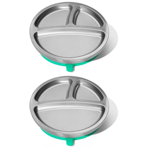 Avanchy Baby Plates with Suction Stainless Steel Divided Plates for Toddlers BPA-Free Dishwasher Safe Unbreakable Non-Toxic 100% Silicone Suction 2 pack Green