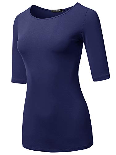 SSOULM Women's Basic Stretchy 1/2 Sleeve Crewneck Slim Fit T-Shirt Top with Plus Size Navy 1XL