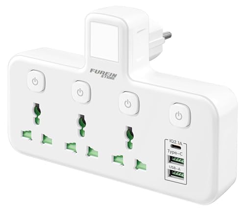Multiprise universelle avec interrupteur indépendant, prise multiple USB avec 2 ports USB A et 1 type C, éclairage LED et interrupteur avec lumière (U06L...